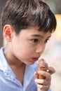 Little boy eating ice cream cone strawberry favor summer time Royalty Free Stock Photo