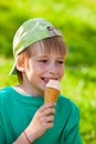Little boy eating ice cream in the park outdoors Royalty Free Stock Photo
