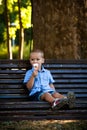 Little boy eating ice cream in park summer day Royalty Free Stock Photo