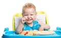 Little boy eating spaghetti and laughing Royalty Free Stock Photo