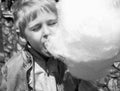 A little boy eats delicious sweet cotton candy in the park, love Royalty Free Stock Photo