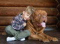 Little boy embracing big Bordeaux dog