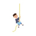 Little Boy Engaged in Physical Education Climbing Rope During Class at School Vector Illustration