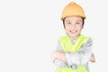 Little boy in engineering uniform with helmet and copy space Royalty Free Stock Photo