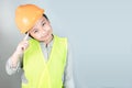 Little boy in engineering uniform with helmet and copy space Royalty Free Stock Photo