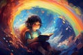 Little boy exploring colourful imaginary world while reading a book. Encouraging children to read. Raising readers