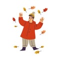 Little Boy in Fall Season with Leaf Around Him Enjoy Outdoor Activity Vector Illustration