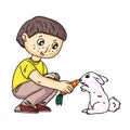 Little boy feeding rabbit with carrot on white Royalty Free Stock Photo