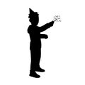 Little boy in festive cup holds sparkler in his hand. Black silhouette isolated on white background. Concept. Vector Royalty Free Stock Photo