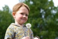 Little boy in the field of dandelions Royalty Free Stock Photo