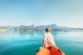 Little boy floating on kayak on Cheow Lan Lake, Khao Sok national park, Thailand Royalty Free Stock Photo