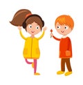 Little boy flower and girl headphones cute children waving hand cartoon character vector. Royalty Free Stock Photo