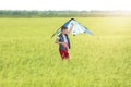 Little boy flying kite in the field Royalty Free Stock Photo