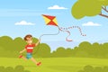 Little Boy Flying Kite Holding It by String Playing Outdoor Vector Illustration
