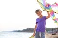 Little boy flying kite near sea Royalty Free Stock Photo