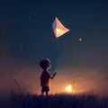 Little boy flying a kite in the night sky. 3d rendering. AI Generated Royalty Free Stock Photo