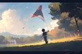 A little boy flying a kite in a park. Generative AI image. Royalty Free Stock Photo
