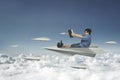 Little boy flying with paper plane Royalty Free Stock Photo