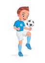 Little boy football player in blue white uniform kicking soccer ball with knee. Isolated vector illustration Royalty Free Stock Photo