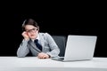 Little boy in formal suit and eyeglasses working with laptop Royalty Free Stock Photo