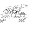 Little boy and friend driving a toy train coloring page vector Royalty Free Stock Photo