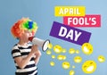 Little boy in funny disguise and with megaphone on color background. April fools' day celebration Royalty Free Stock Photo