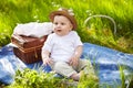 Little boy in the garden. Picnic.