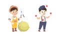 Little Boy Gardener with Pruners and Juggling Balls Representing Profession Vector Set