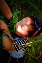 Little boy gathering harvest mulberry berries Royalty Free Stock Photo