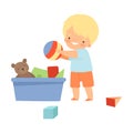 Little Boy Gathering His Toys and Tidy Up His Room Vector Illustration Royalty Free Stock Photo