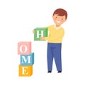 Little Boy Gathering Home Word from Toy Blocks Vector Illustration