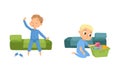 Little Boy Gathering Toys and Yawning Going to Bed Vector Set