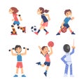 Little Boy and Girl Athlete Doing Different Sport Vector Set