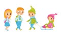 Little Boy and Girl with Backpacks Going to School and Sledging Vector Illustration Set