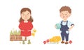 Little Boy and Girl with Bad and Naughty Behavior Near Broken Vase and Deflowered Garden Bed Vector Set