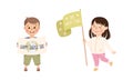 Little Boy and Girl with Banner for Earth Day Caring About Nature and Planet Vector Set