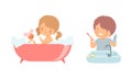 Little Boy and Girl Bathing in Bathtub with Foam and Brushing Teeth Vector Set