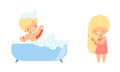 Little Boy and Girl Bathing in Bathtub with Foam and Combing Hair Vector Set