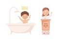 Little Boy and Girl Bathing and Swearing Demonstrating Vocabulary and Verb Studying Vector Set