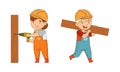 Little Boy and Girl Builder Wearing Hard Hat and Overall Carrying Timber and Drilling Wood Vector Set