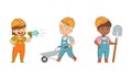 Little Boy and Girl Builder Wearing Hard Hat and Overall Pushing Wheelbarrow and Holding Shovel Vector Set