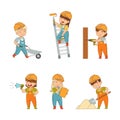 Little Boy and Girl Builder Wearing Hard Hat and Overall Pushing Wheelbarrow, on Ladder with Paint Roller, Drilling and Royalty Free Stock Photo