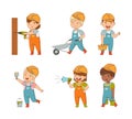 Little Boy and Girl Builder Wearing Hard Hat and Overall Pushing Wheelbarrow, with Paint Brush, Drilling and Speaking in Royalty Free Stock Photo