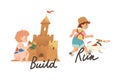 Little Boy and Girl Building Sand Castle and Running with Dog as Verb Expressing Action for Kids Education Vector Set Royalty Free Stock Photo