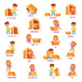 Little Boy and Girl with Carton Box as Prepositions of Place Demonstration Big Vector Set Royalty Free Stock Photo