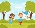 Little Boy and Girl Catching Butterfly with Net Enjoy Summer Activity Vector Illustration Royalty Free Stock Photo