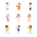 Little Boy and Girl Character Standing and Tell Story or Recite Poetry Vector Illustration Set