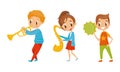 Little Boy and Girl Characters Playing Trumpet and Tembrel Vector Illustration Set Royalty Free Stock Photo