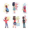 Little Boy and Girl Characters Standing and Drawing with Crayons on Wall Vector Set