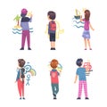 Little Boy and Girl Characters Standing and Drawing with Crayons on Wall Vector Set